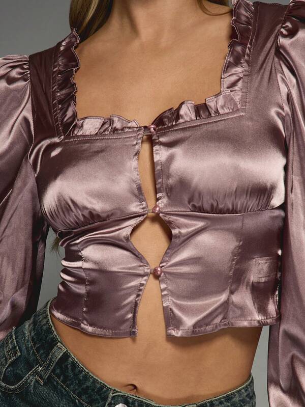 Missguided MISSGUIDED Satin Frill Trim Detail Balloon Long Sleeves Square Neck Blouse