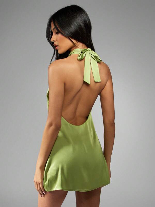 Missguided MISSGUIDED Satin Halter Backless Cross Front Women Mini Dress