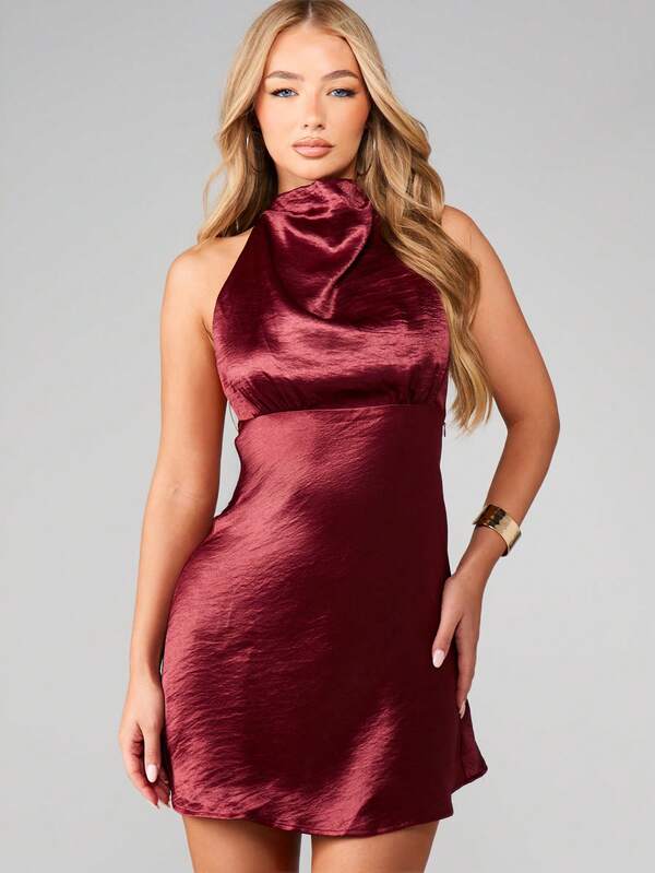 missguided MISSGUIDED Satin Halter Mini Dress With Cowl Neck