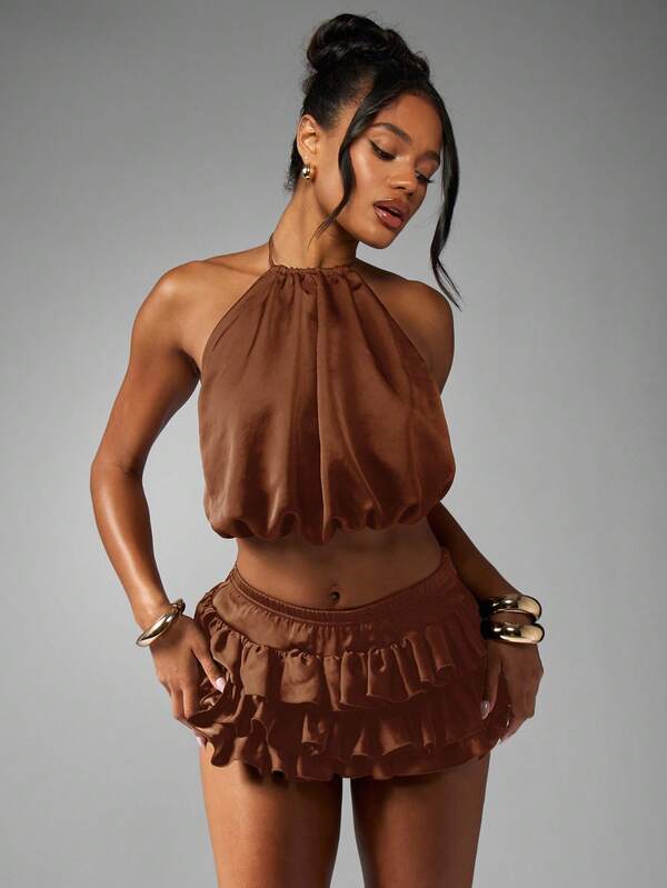 Missguided MISSGUIDED Satin Halter Neck Crop Top With Tiered Ruffle Mini Skirt