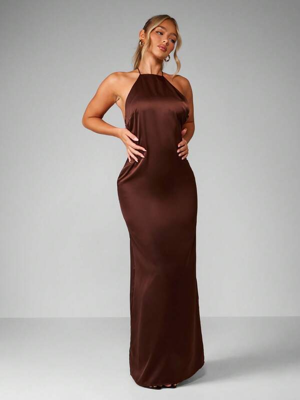 Missguided MISSGUIDED Satin Halter Neck Maxi Dress With Backless Design