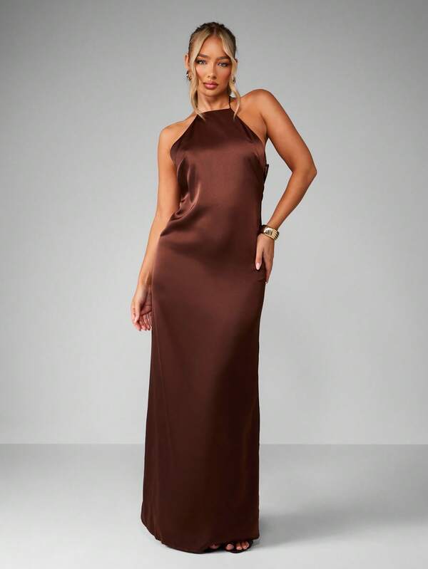missguided MISSGUIDED Satin Halter Neck Maxi Dress With Backless Design