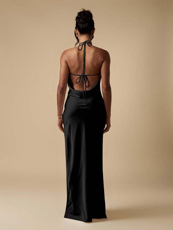Missguided MISSGUIDED Satin Halter Neck Maxi Dress With Cowl Neckline