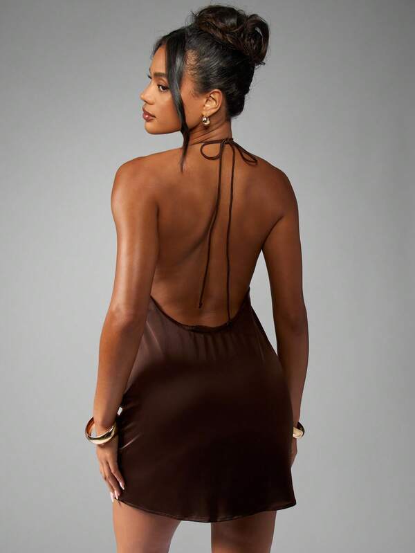 Missguided MISSGUIDED Satin Halter Neck Mini Dress With Open Back