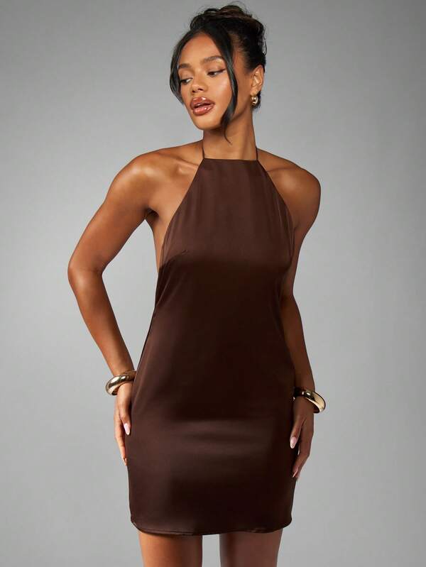Missguided MISSGUIDED Satin Halter Neck Mini Dress With Open Back