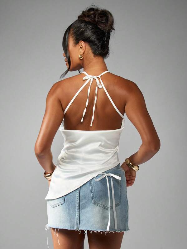 Missguided MISSGUIDED Satin Halter Neck Top With Asymmetric Hem