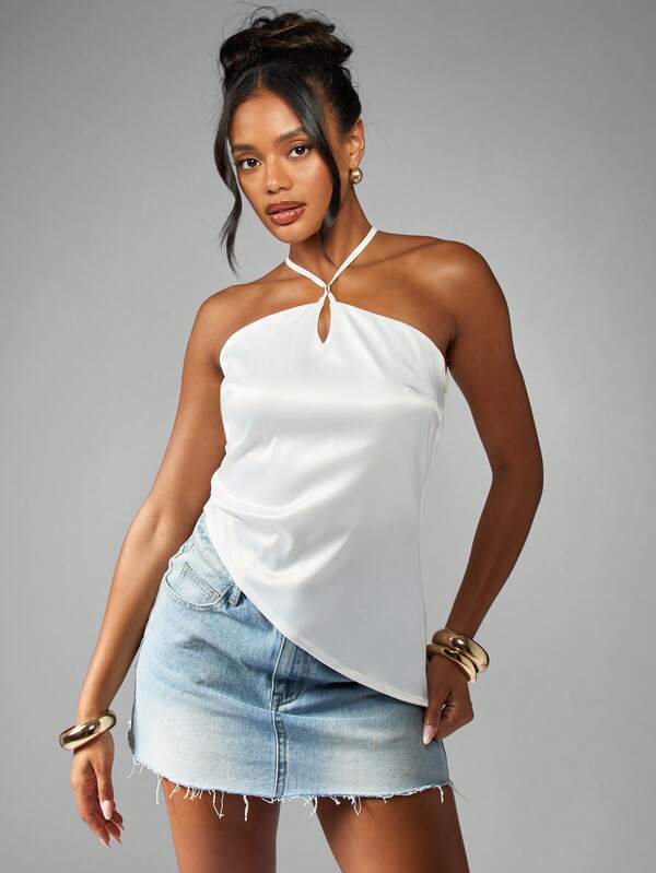 Missguided MISSGUIDED Satin Halter Neck Top With Asymmetric Hem