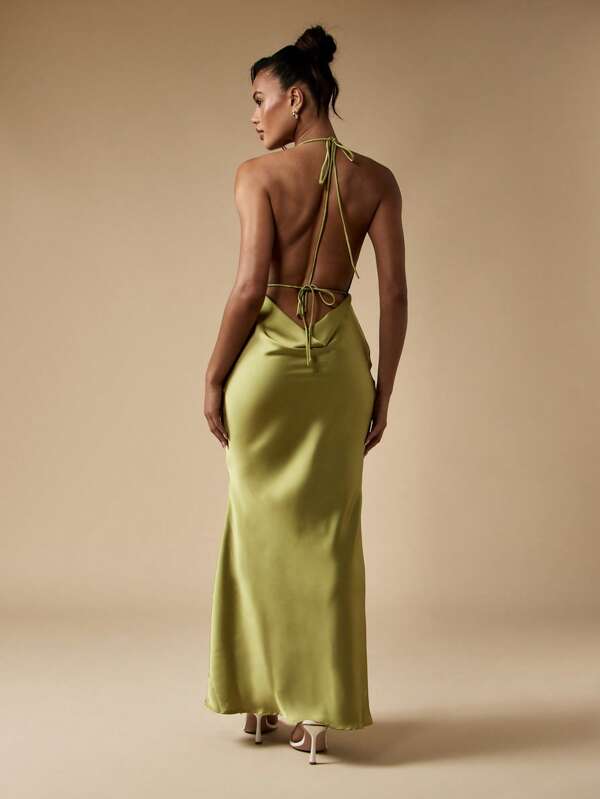 Missguided MISSGUIDED Satin Halter Open Back Floor Length Maxi Dress