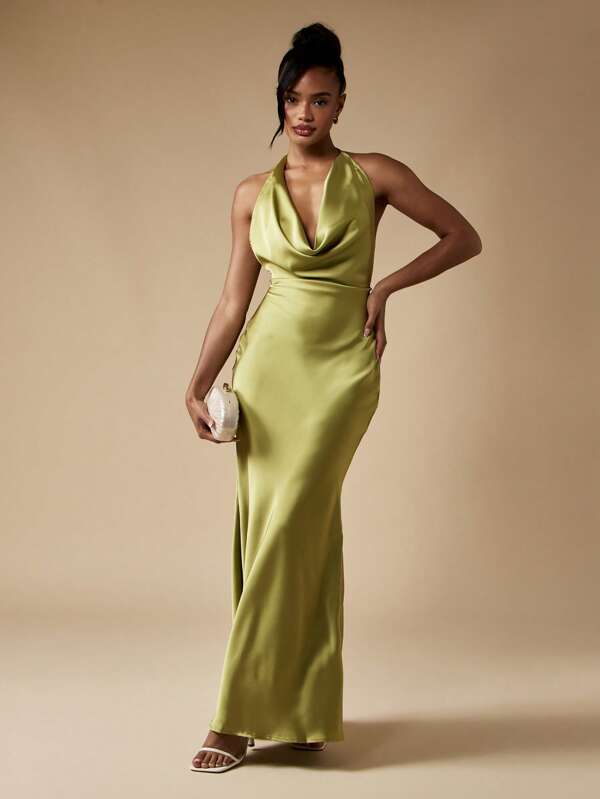 missguided MISSGUIDED Satin Halter Open Back Floor Length Maxi Dress