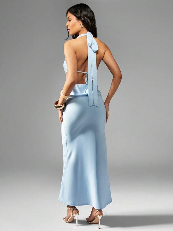 Missguided MISSGUIDED Satin Halter Side Cut-Out Backless Maxi Long Dress
