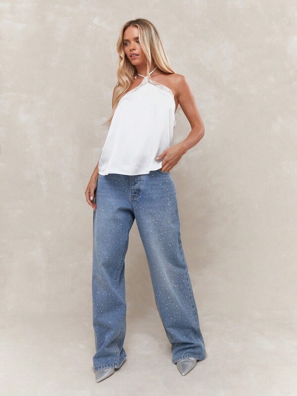 Missguided MISSGUIDED Satin Lace Edge Halter Neck Backless Top
