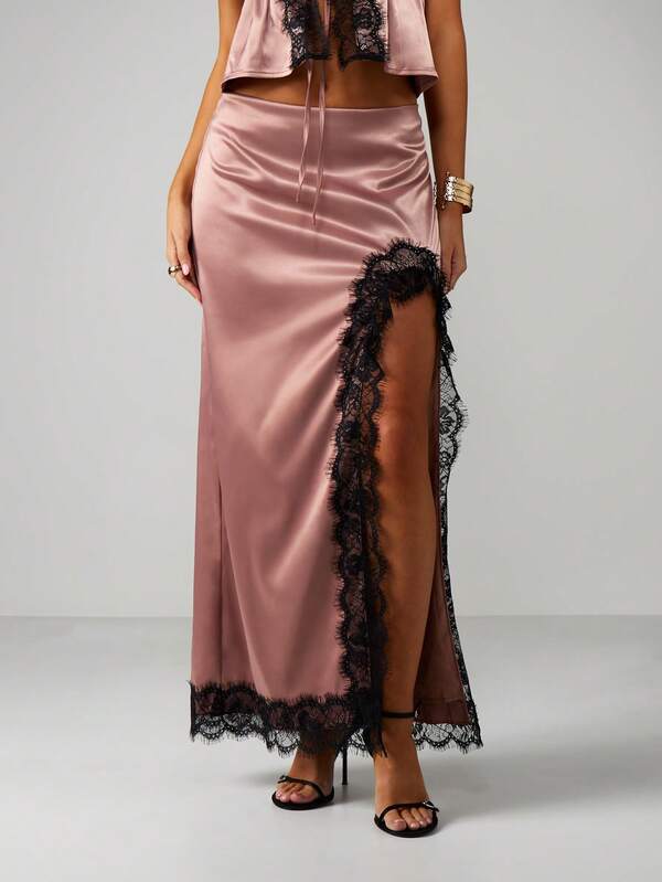 Missguided MISSGUIDED Satin Lace Trim Halter Cami With Maxi Skirt Set