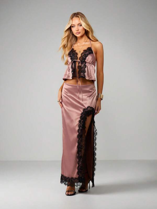 missguided MISSGUIDED Satin Lace Trim Halter Cami With Maxi Skirt Set