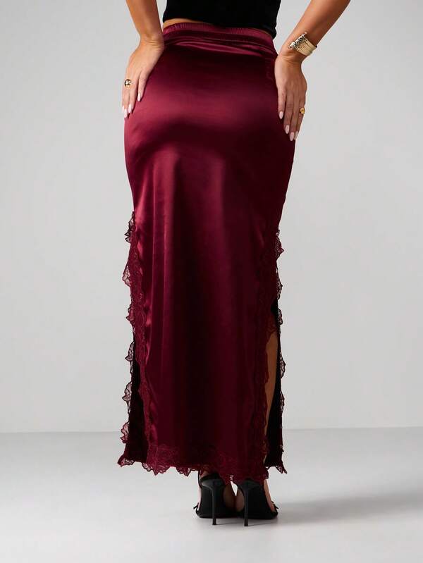 Missguided MISSGUIDED Satin Lace Trim Maxi Skirt With Side Slit