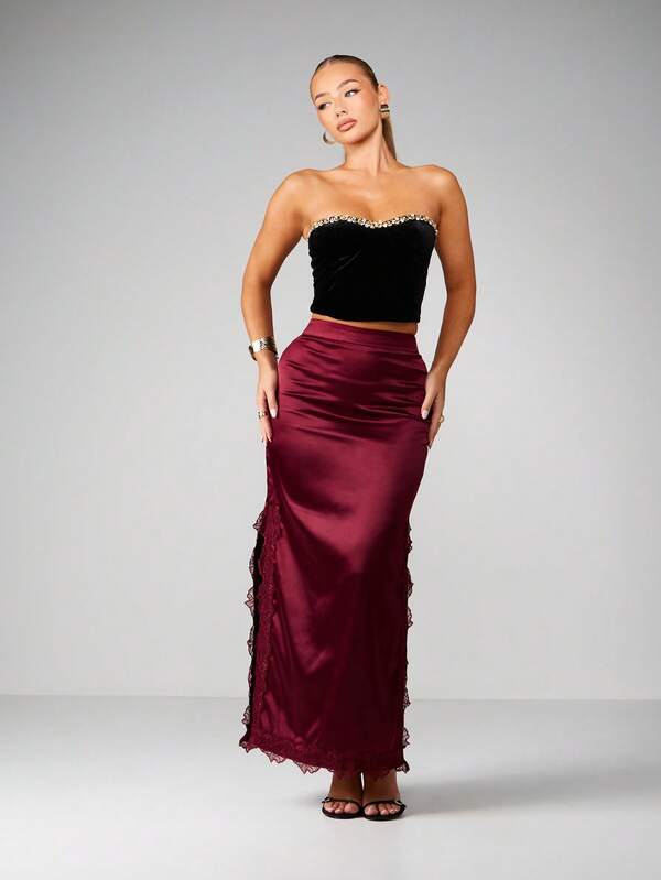 Missguided MISSGUIDED Satin Lace Trim Maxi Skirt With Side Slit