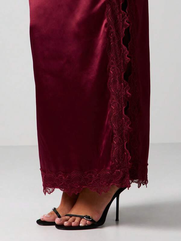 Missguided MISSGUIDED Satin Lace Trim Maxi Skirt With Side Slit