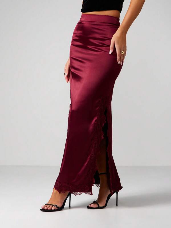 missguided MISSGUIDED Satin Lace Trim Maxi Skirt With Side Slit
