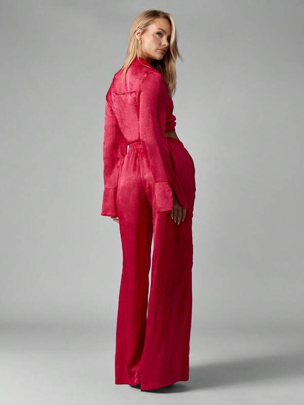 Missguided MISSGUIDED Satin Long Sleeve Crop Top With Wide Leg Pants