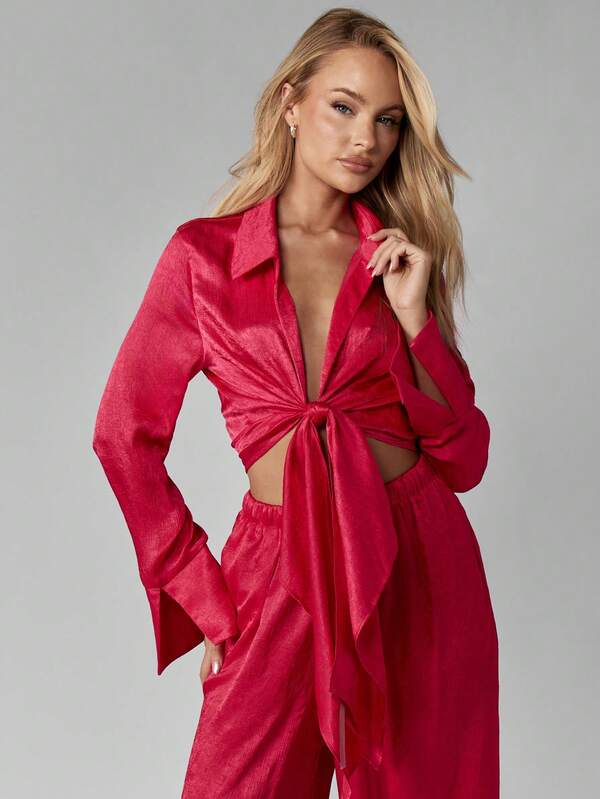 Missguided MISSGUIDED Satin Long Sleeve Crop Top With Wide Leg Pants