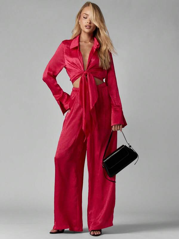 missguided MISSGUIDED Satin Long Sleeve Crop Top With Wide Leg Pants