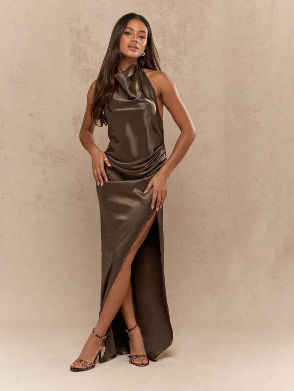 missguided MISSGUIDED Satin Maxi Dress With Cowl Neck And Side Slit