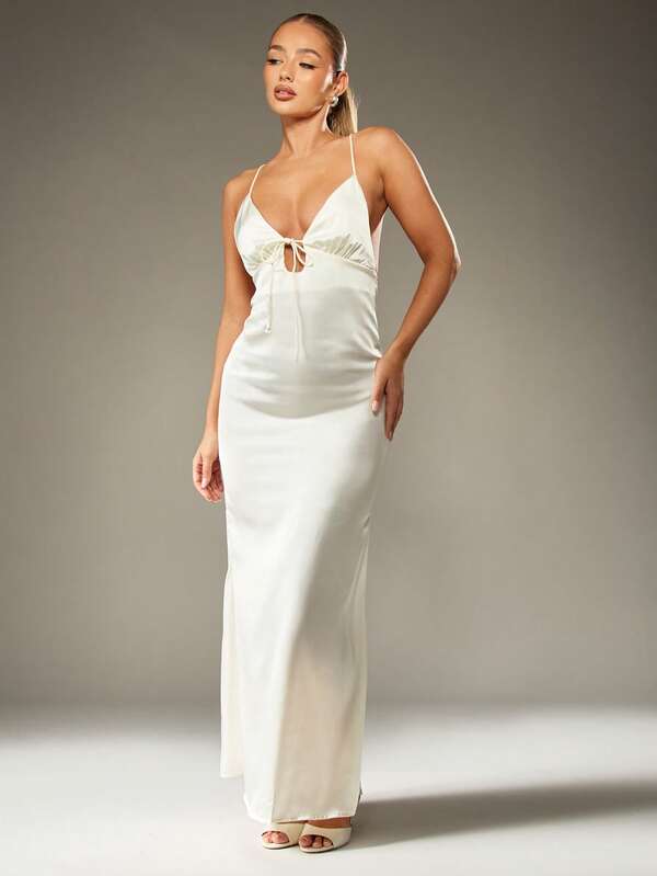Missguided MISSGUIDED Satin Maxi Dress With Cross Back And Lace Detail