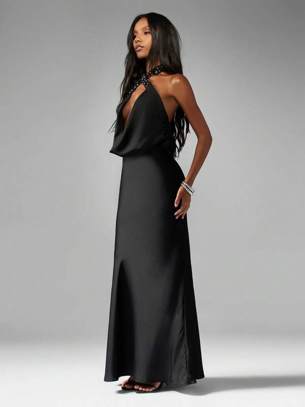 Missguided MISSGUIDED Satin Maxi Dress With Cross Halter Neck Design