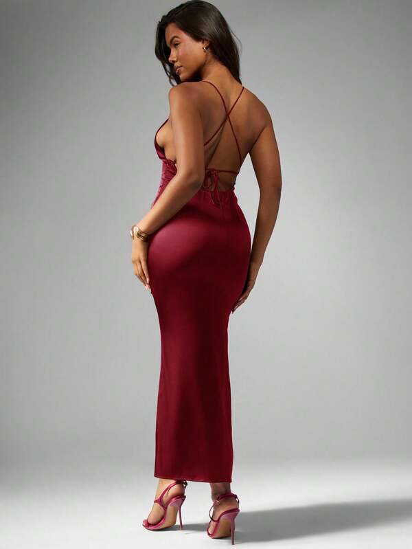 Missguided MISSGUIDED Satin Maxi Gown With Criss Cross Back