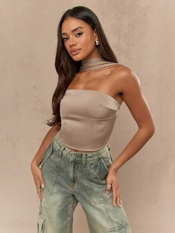 missguided MISSGUIDED Satin Neck And Back Detail Bandeau Top