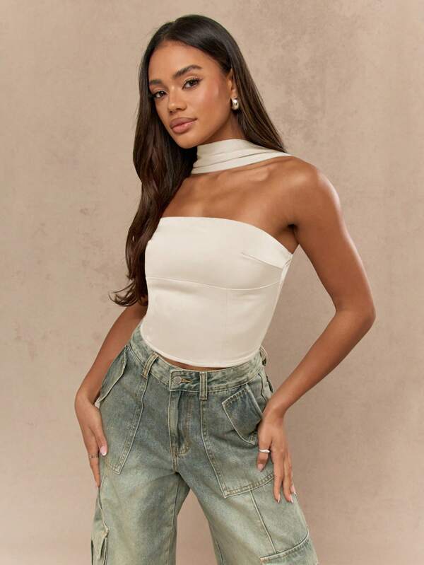 missguided MISSGUIDED Satin Neck And Back Detail Bandeau Top