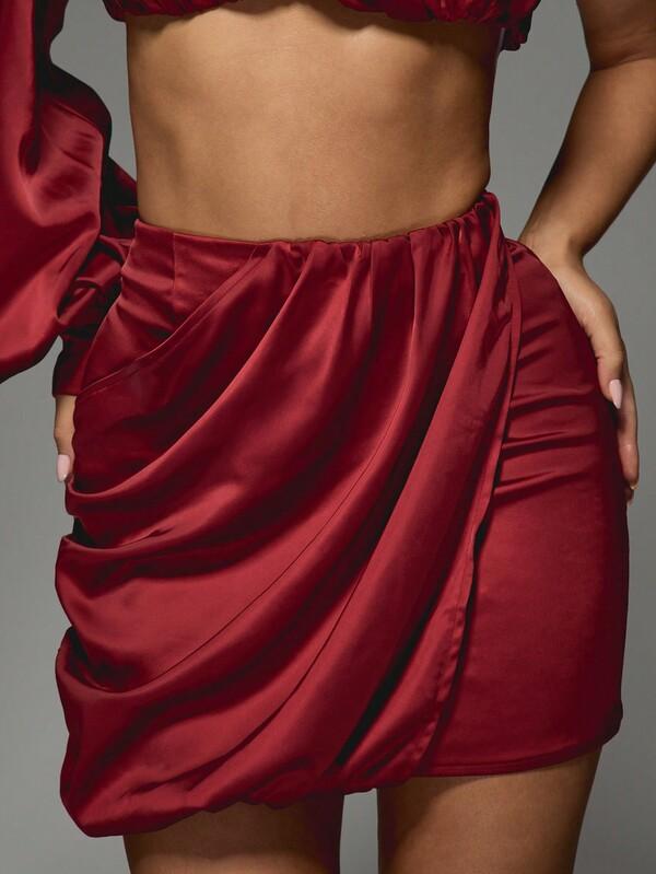 Missguided MISSGUIDED Satin One Shoulder Gathered One Sleeve Crop Top And Wrap Mini Skirt Two Piece Co Ord Set