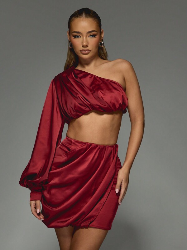missguided MISSGUIDED Satin One Shoulder Gathered One Sleeve Crop Top And Wrap Mini Skirt Two Piece Co Ord Set