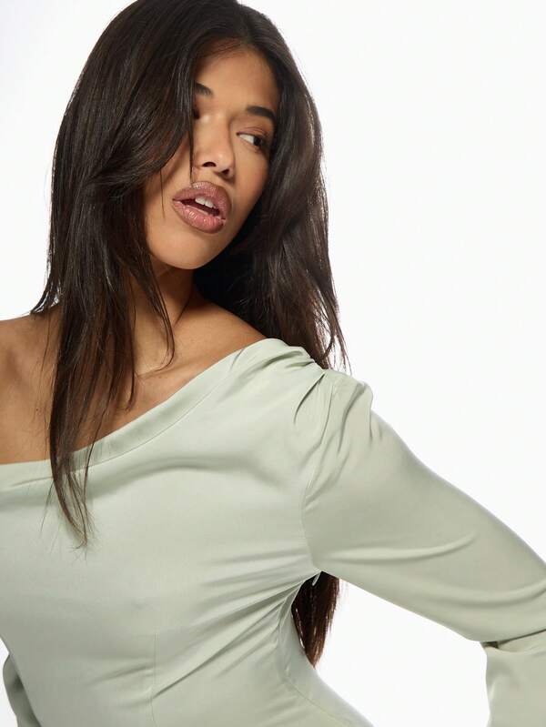 Missguided MISSGUIDED Satin One Shoulder Long Sleeve Bodycon Mini Dress