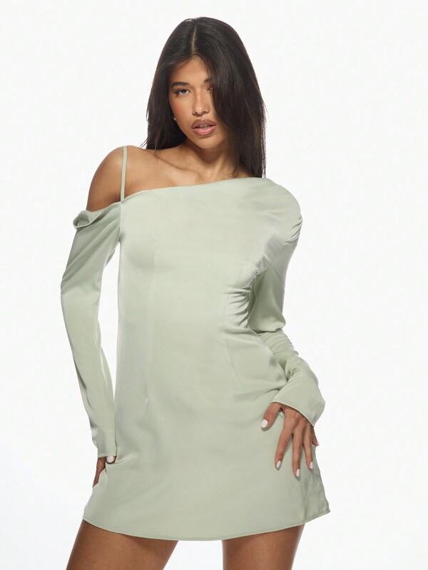 missguided MISSGUIDED Satin One Shoulder Long Sleeve Bodycon Mini Dress