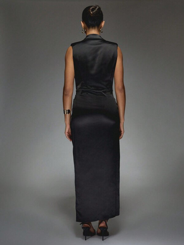 Missguided MISSGUIDED Satin Plunge Collar Neck Wrap Sleeveless Midaxi Dress