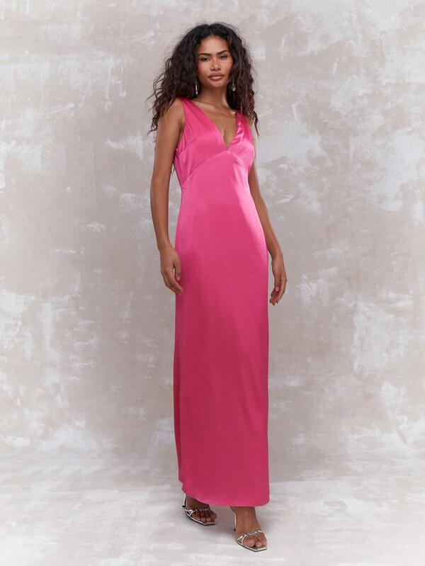 Missguided MISSGUIDED Satin Plunge Neck Sleeveless Maxi Dress