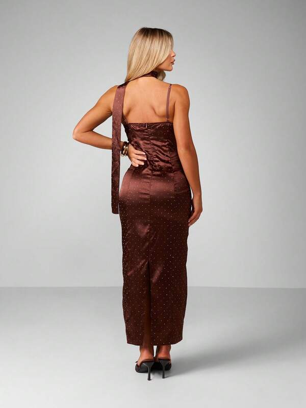 Missguided MISSGUIDED Satin Polka Dot Halter Midaxi Dress