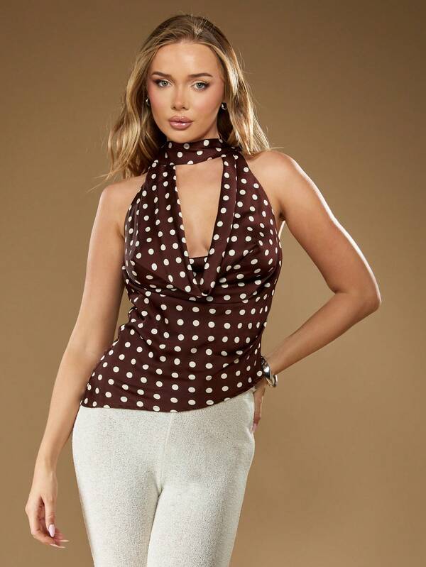 missguided MISSGUIDED Satin Polka Dot Halter Top With V Neckline