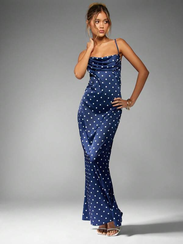 missguided MISSGUIDED Satin Polka Dot Strappy Cowl Neck Maxi Dress