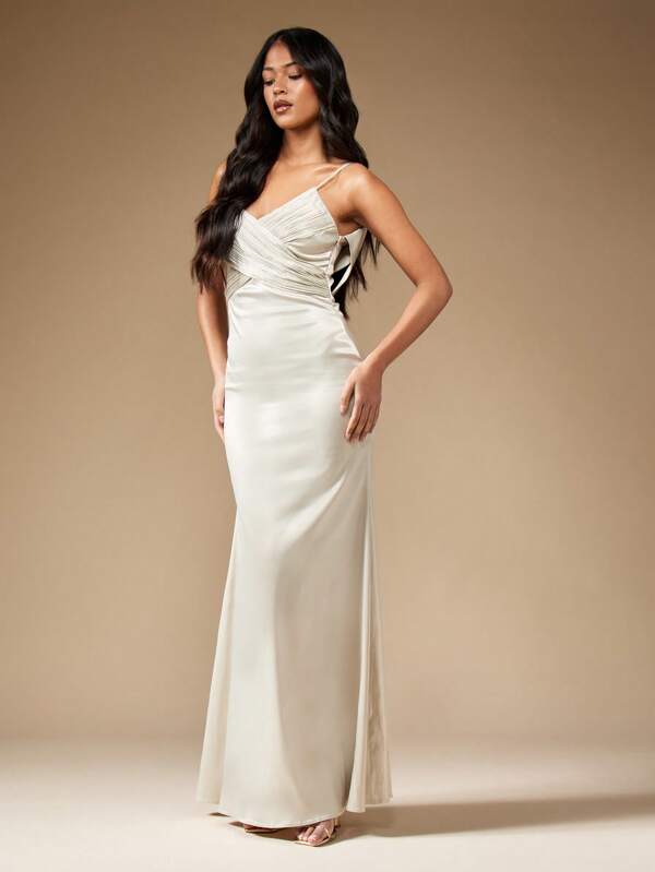 missguided MISSGUIDED Satin Ruched Bust Strappy Fishtail Maxi Dress