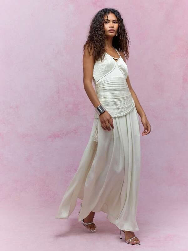 Missguided MISSGUIDED Satin Ruched Slit Thigh Maxi Dress