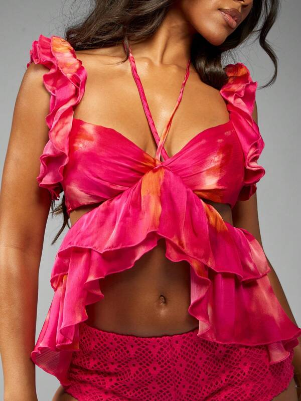 missguided MISSGUIDED Satin Ruffle Butterfly Wrap Design Tie Back Crop Top