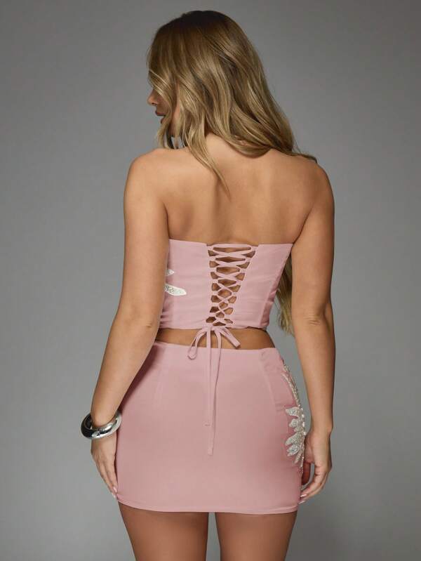 Missguided MISSGUIDED Satin Sequin Embellished Strapless Bandeau Corset Top Skirt Set