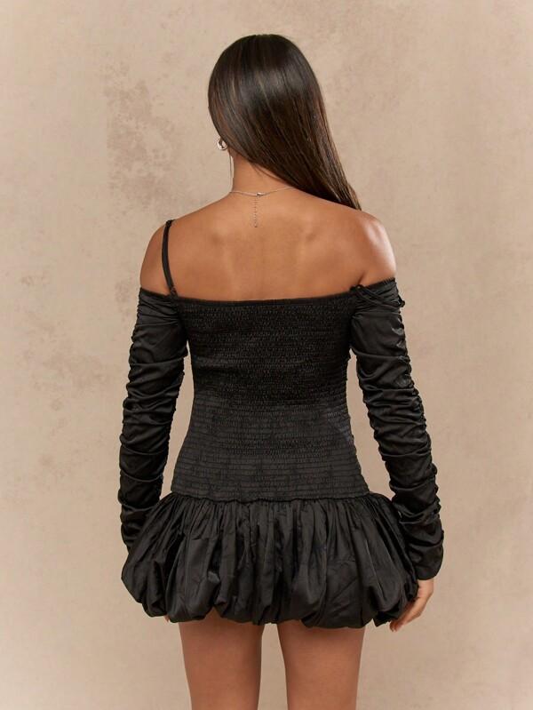 Missguided MISSGUIDED Satin Spaghetti Strap Ruched Long Sleeves Bubble Hem Mini Bardot Dress
