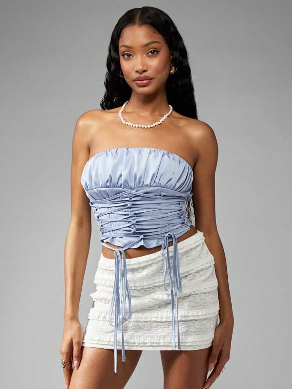missguided MISSGUIDED Satin Strapless Bustier Lace-Up Back Cami