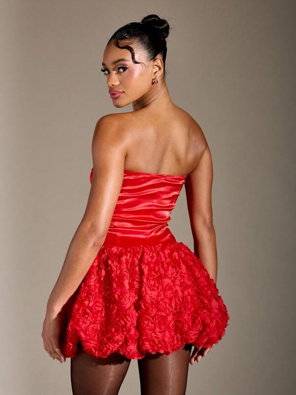 Missguided MISSGUIDED Satin Strapless Corset Bodice And 3D Floral Applique Pattern Bubble Hem Mini Dress