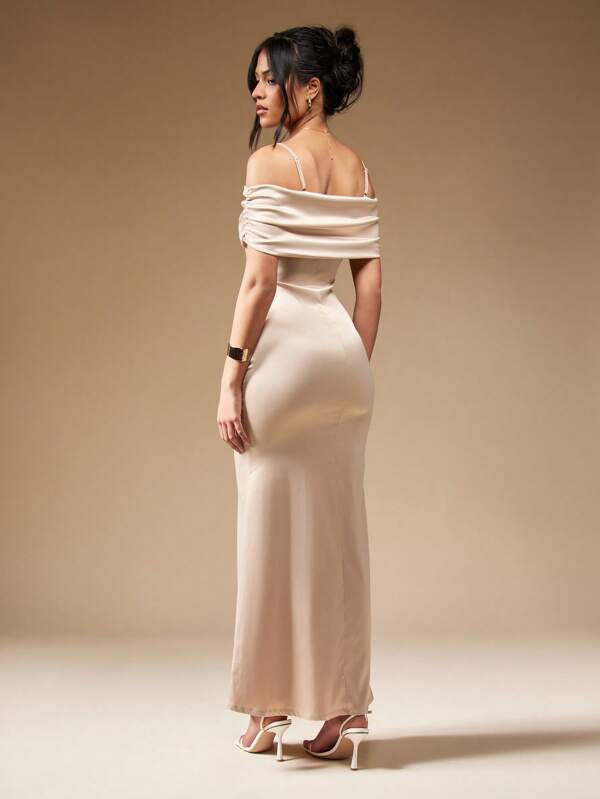 Missguided MISSGUIDED Satin Strappy Off Shoulder Fishtail Hem Bardot Maxi Dress