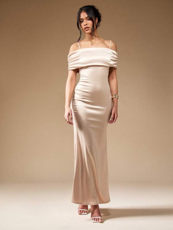 missguided MISSGUIDED Satin Strappy Off Shoulder Fishtail Hem Bardot Maxi Dress
