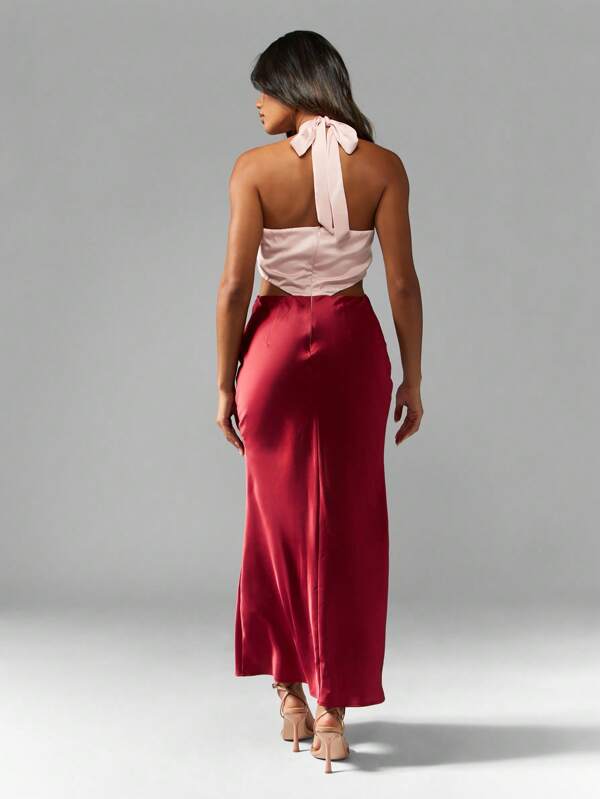 Missguided MISSGUIDED Satin Twist Halter Mid-Axi Dress With Contrast Colours Cute Sundress