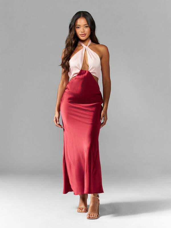 missguided MISSGUIDED Satin Twist Halter Mid-Axi Dress With Contrast Colours Cute Sundress